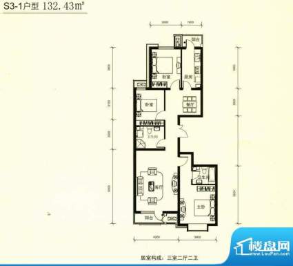 力天凤凰城S3-1户型面积:132.43m平米