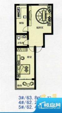 蔚蓝水岸户型图 1室面积:63.80m平米