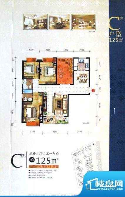 卓辉金色外滩C01户型面积:125.00m平米