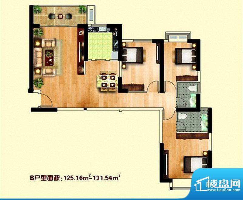 海城花苑户型B 3室2面积:125.16m平米