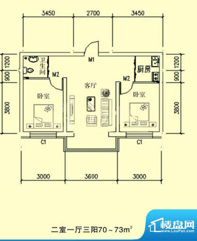 文龙家园E户型图 2室面积:70.00平米