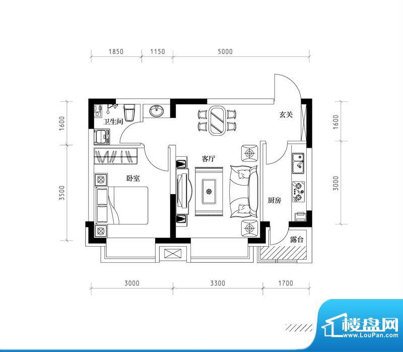 棠棣J户型图 1室1厅面积:54.75平米