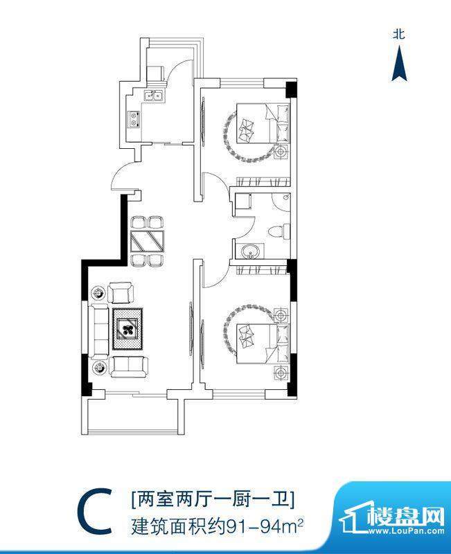 天富御苑C户型 2室2面积:91.00平米