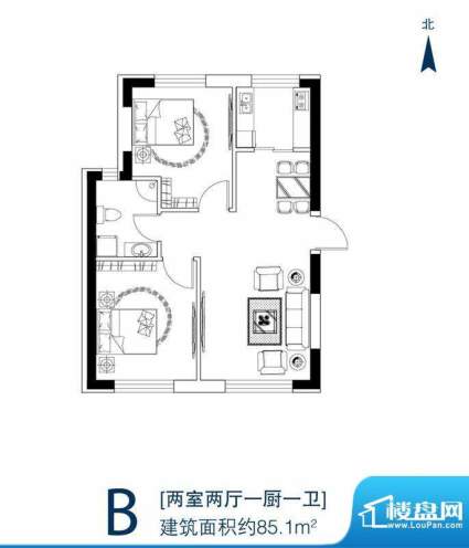 天富御苑B户型 2室2面积:85.10平米