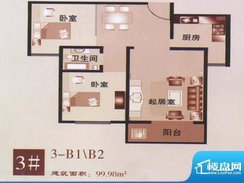 美意苑B1B2户型 2室面积:99.98m平米