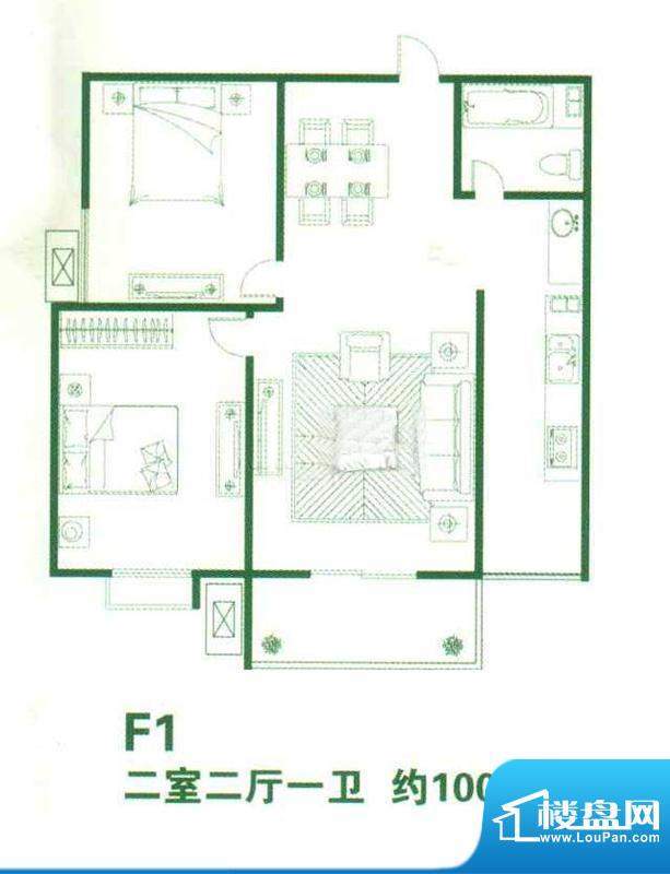 天泽园F1户型2室2厅面积:100.00m平米
