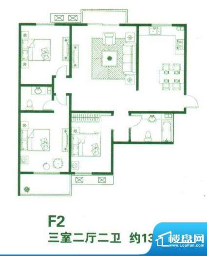 天泽园F2户型3室2厅面积:138.00m平米
