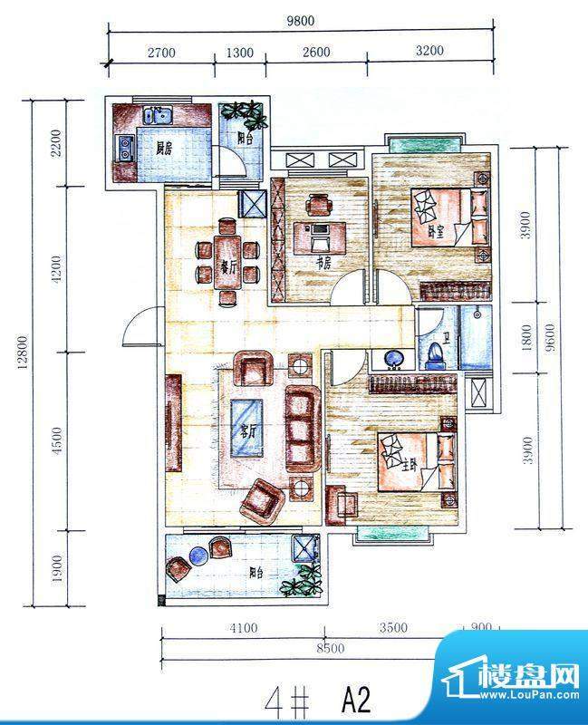 滨海丽景4# A2户型 面积:103.03平米