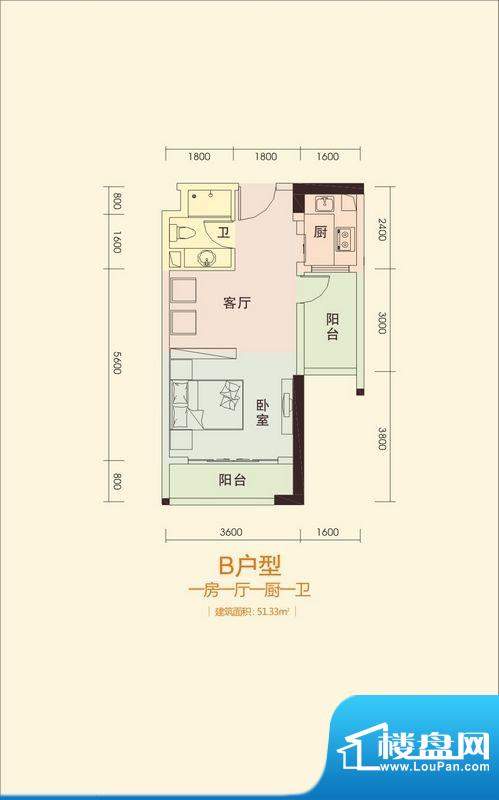 天成国际·金寓B户型面积:51.33平米