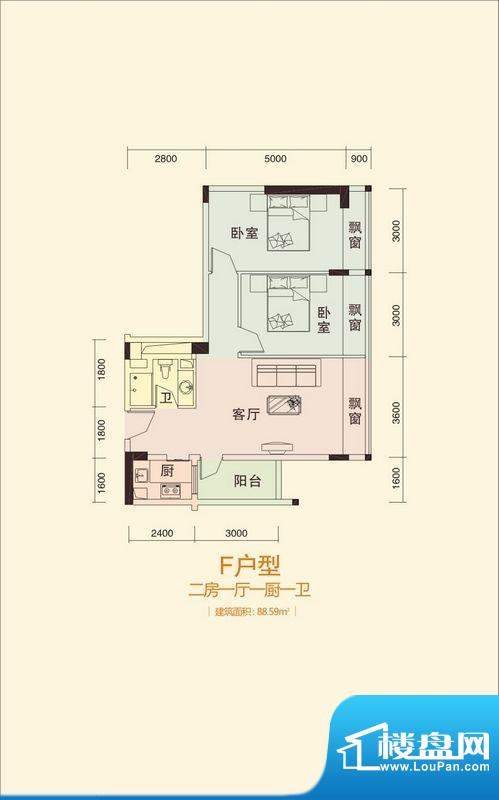 天成国际·金寓F户型面积:88.59平米