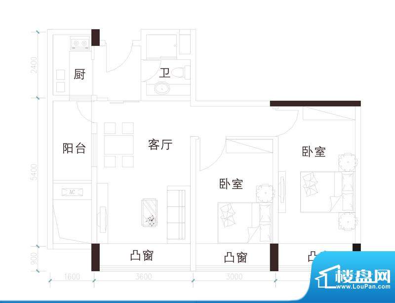 天成国际·金寓F户型面积:88.59平米