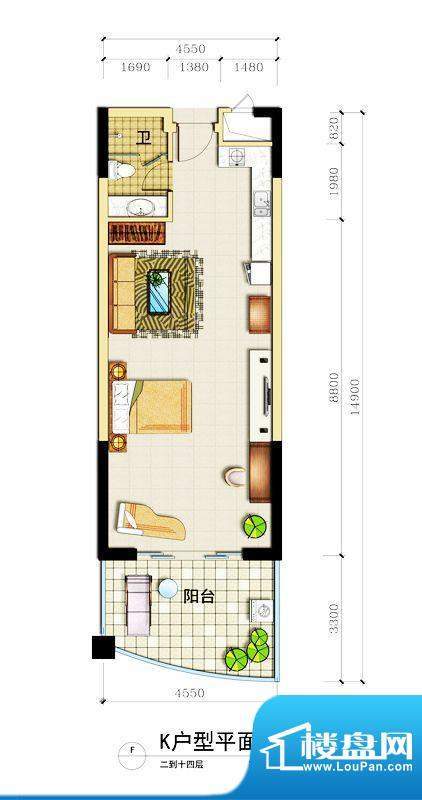 心屿海K户型 1室1厅面积:83.85平米