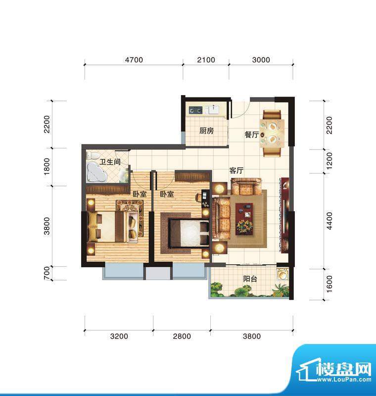 春江一号C户型 2室2面积:83.45平米