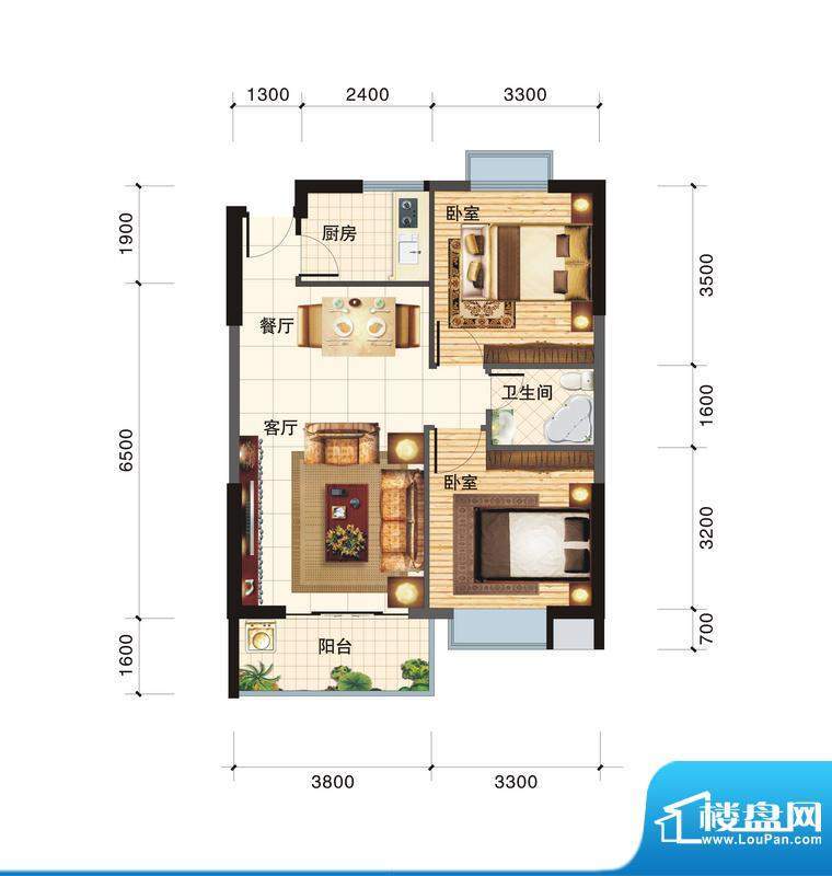 春江一号D户型 2室2面积:74.00平米