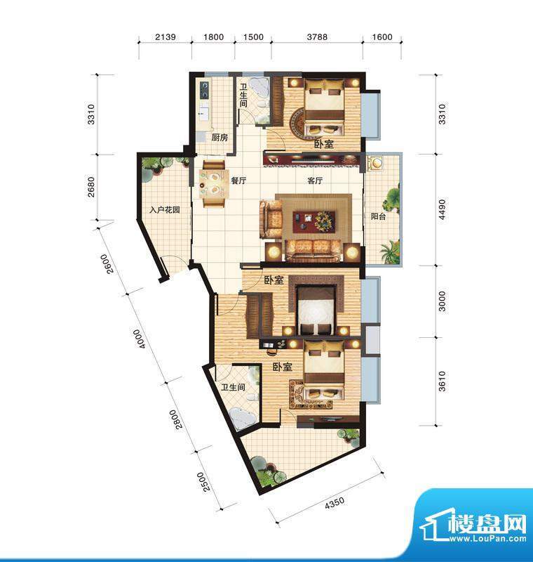 春江一号E户型 3室2面积:130.96平米