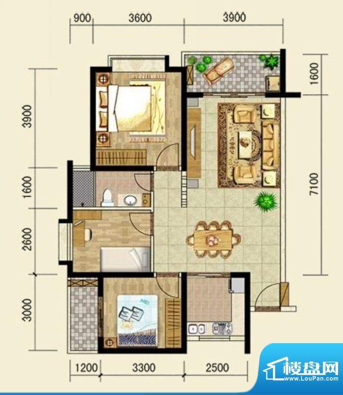 滨河华庭A户型 3室2面积:98.78平米