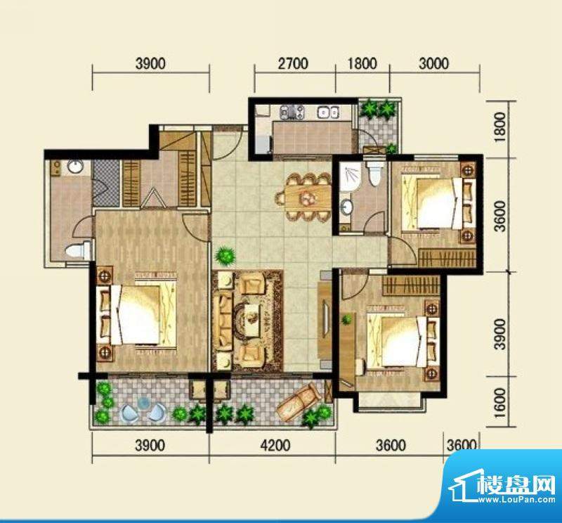 滨河华庭H户型 3室2面积:132.17平米