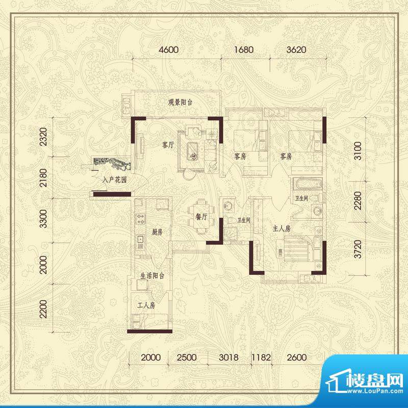 义方家园四房户型图面积:117.65平米