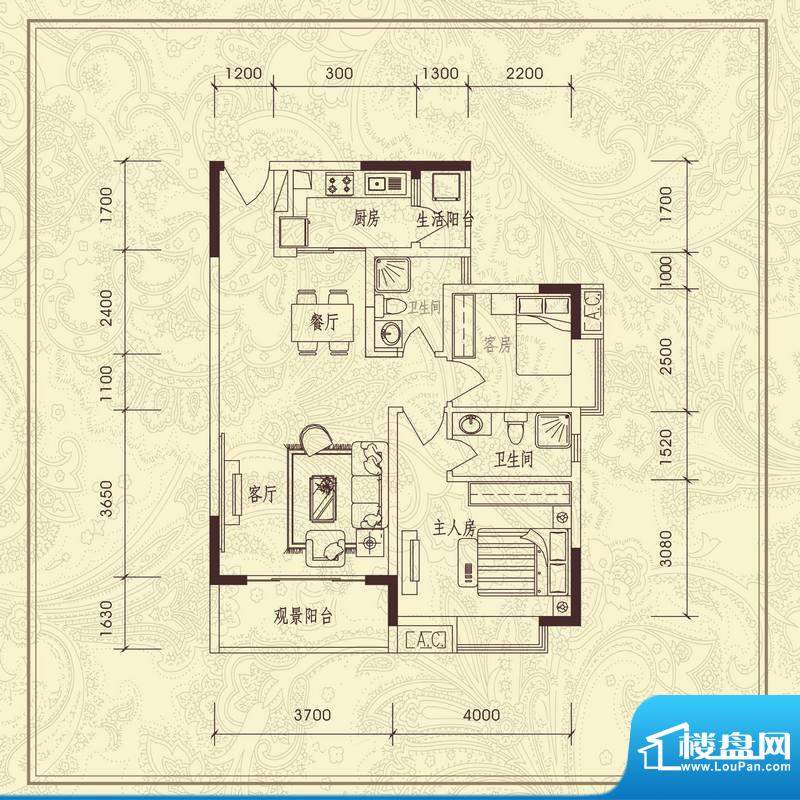 义方家园二房户型图面积:88.76平米