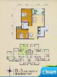 保亭上观园B-3户型图面积:77.00平米