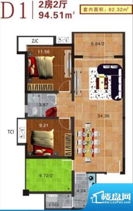 D1户型 2室2厅1卫 建面94.51m²