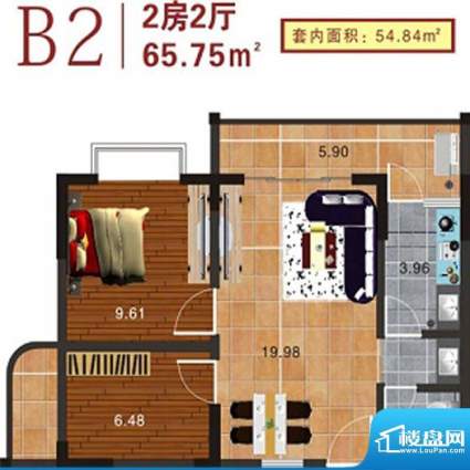 B2户型 2室2厅1卫 建面65.75m²