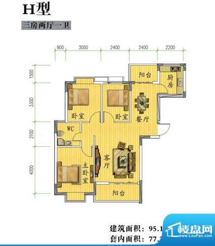 鸿信雅苑H户型 3室2面积:95.10平米