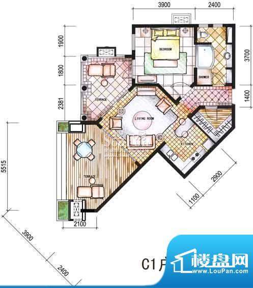 东和福湾公寓C1户型面积:100.43平米