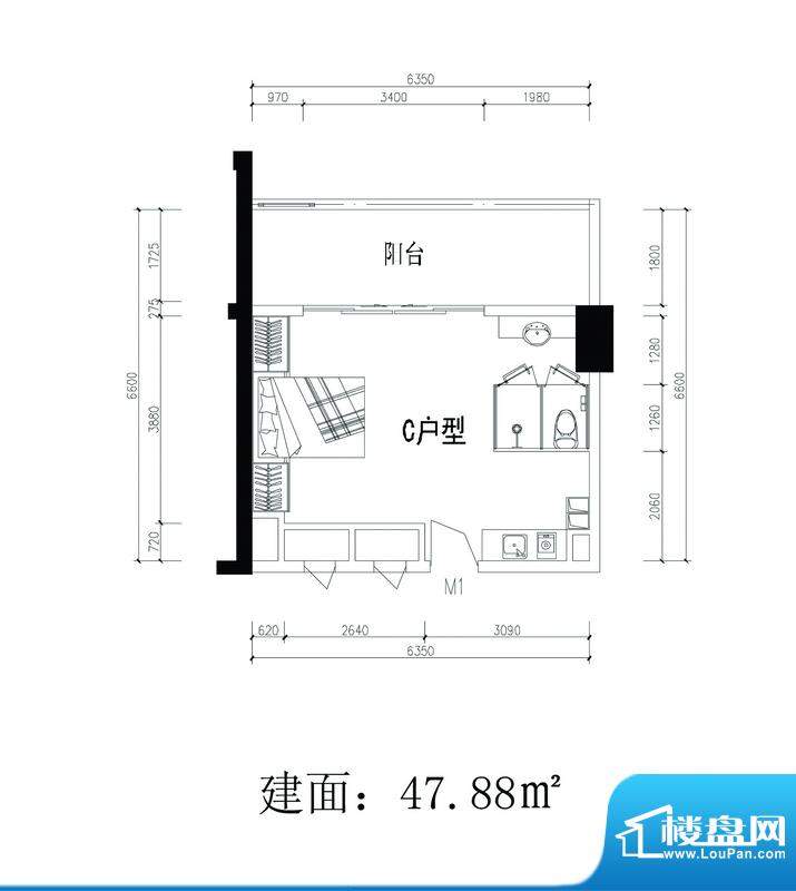 轻城阳光C户型 1室1面积:47.88平米