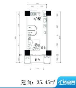 轻城阳光H户型 1室1面积:35.45平米