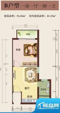 中汉大厦B户型图 1室面积:54.42平米