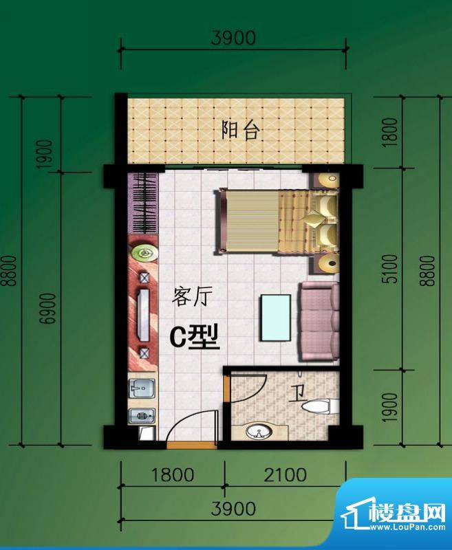 鼎基香榭C户型 1室1面积:36.00平米