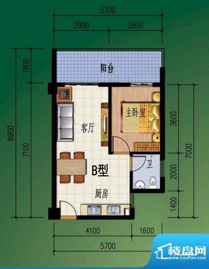 鼎基香榭B户型 1室1面积:49.00平米