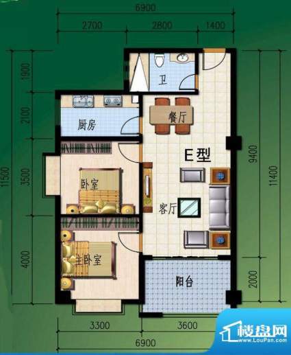 鼎基香榭E户型 2室2面积:83.00平米