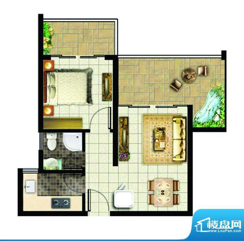 地恒花园D型户型图 面积:60.86平米