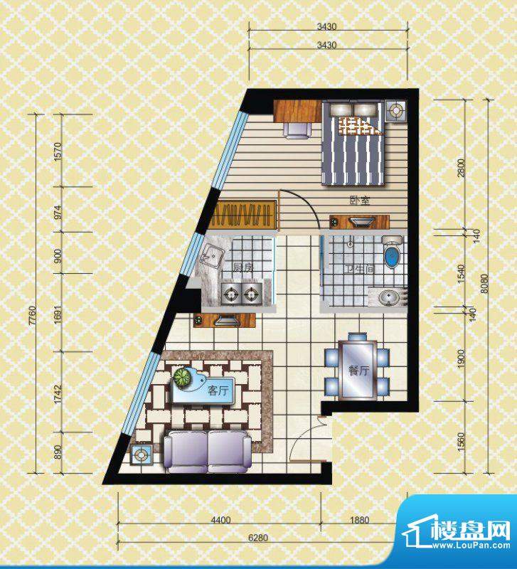 博兴雅居一房户型 1面积:43.43平米