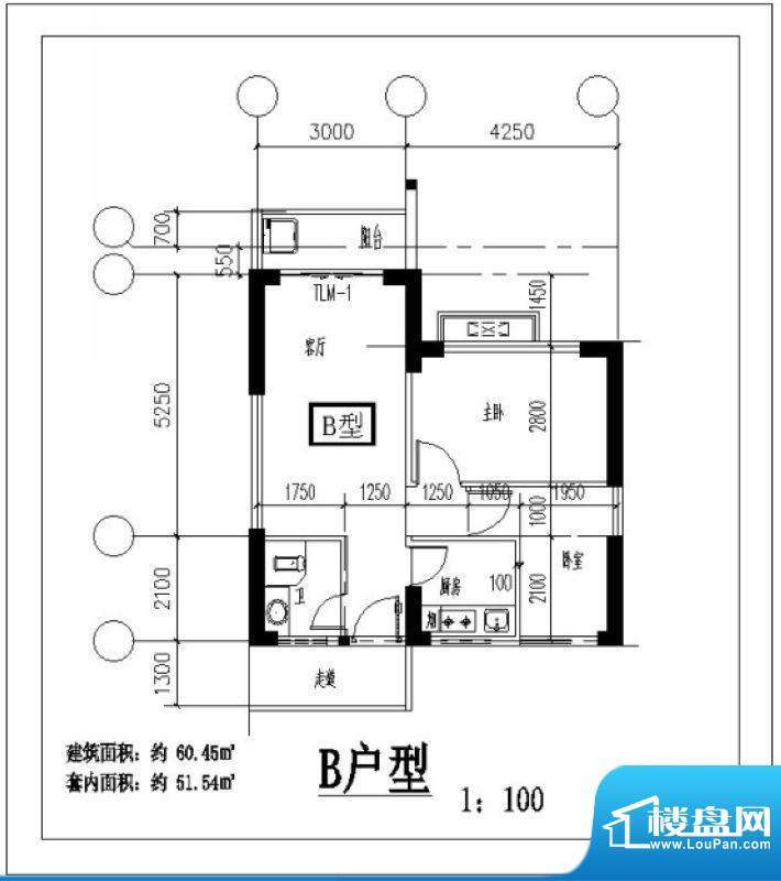 凤翔花园B户型图 2室面积:60.45平米