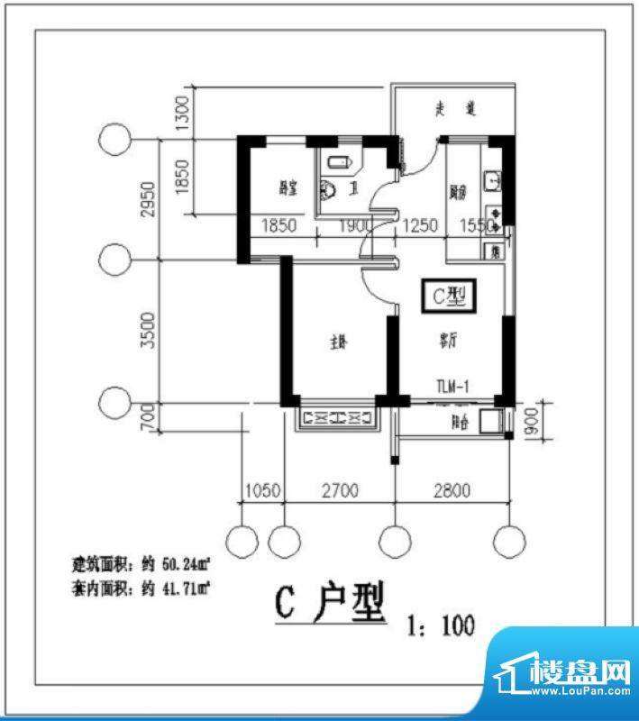 凤翔花园C户型图 2室面积:50.24平米