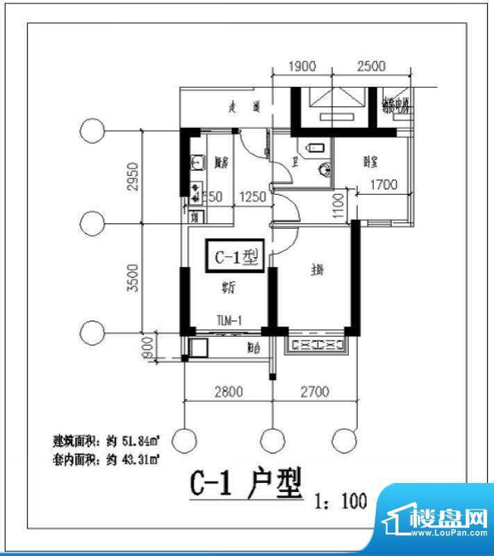 凤翔花园C-1户型图 面积:51.84平米