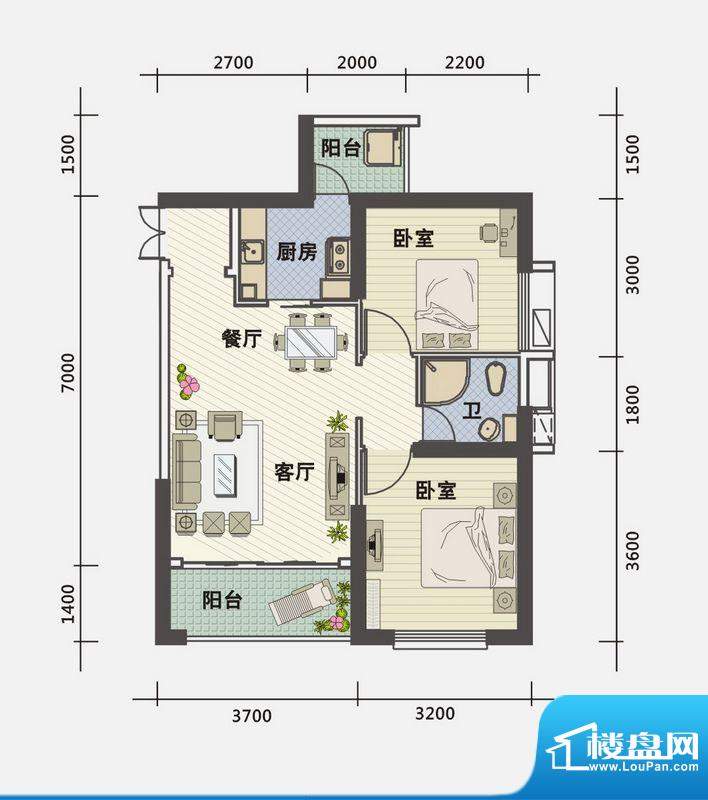 江海郡D1户型 2室2厅面积:72.78平米