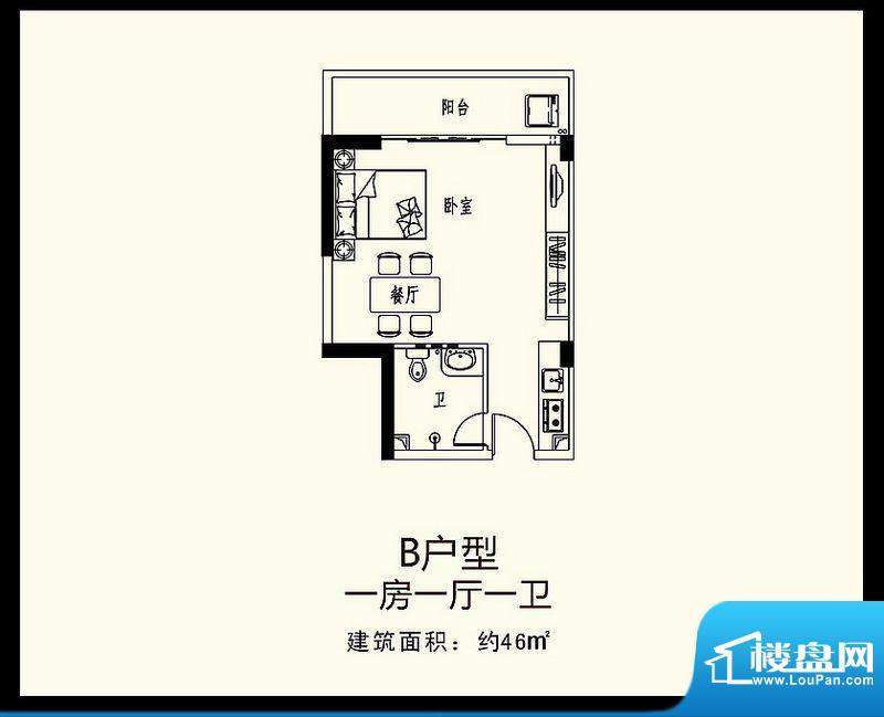 巨恒名都B户型 1室1面积:46.00平米