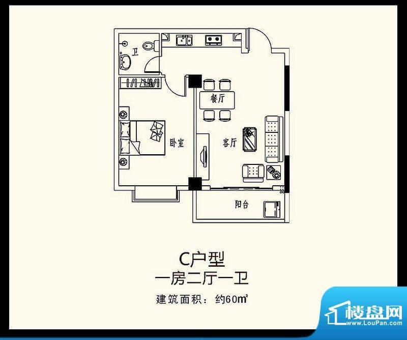 巨恒名都C户型 1室2面积:60.00平米