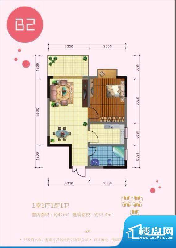 澜港壹号B2户型 1室面积:55.40平米