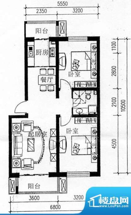 滨湖庄园B3户型 2室面积:83.00平米