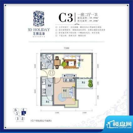 左城右海C3 1室2厅1面积:59.09平米