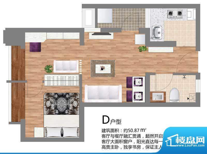 合创烟台公馆D户型图面积:50.87平米