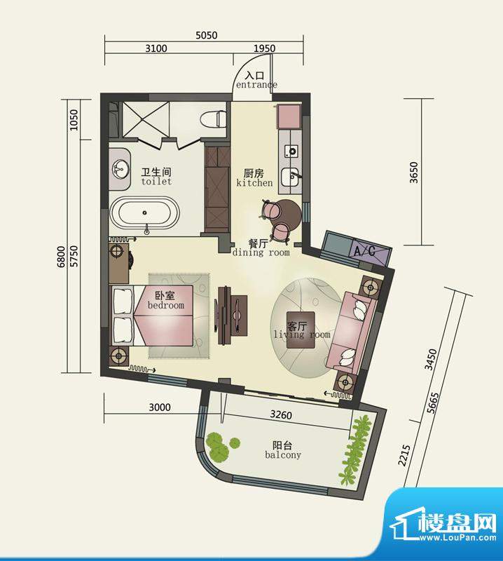 长滩雨林海景公寓1B面积:65.00平米