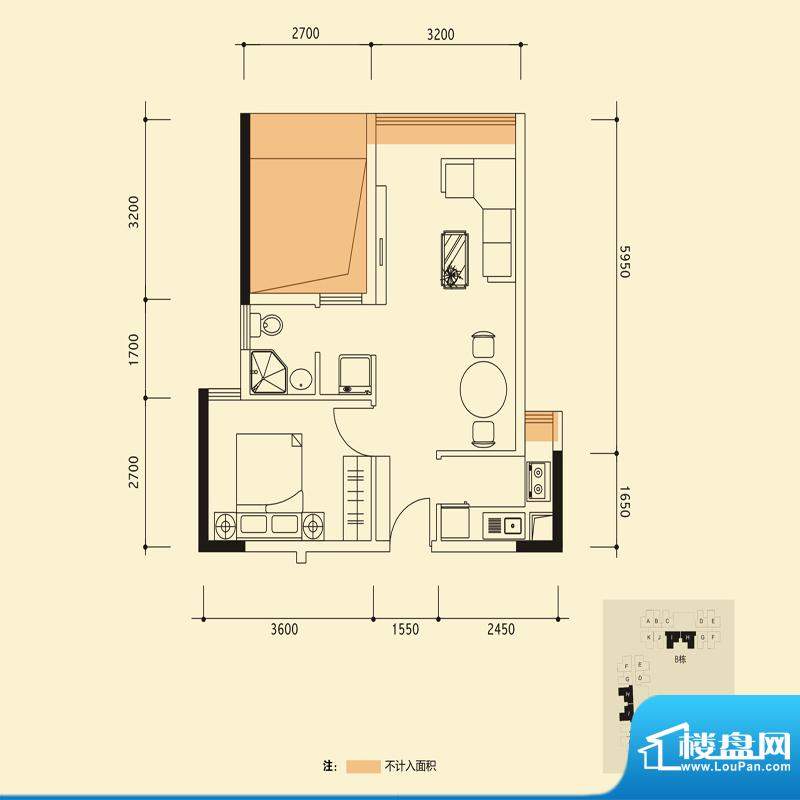 珑瑜H户型 1室2厅1卫面积:53.17平米