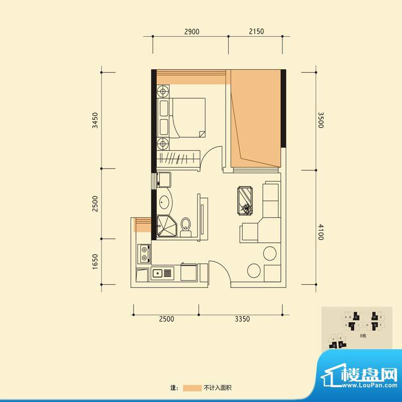 珑瑜C户型 1室1厅1卫面积:42.57平米
