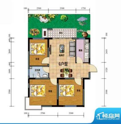 怡海馨苑G户型图 3室面积:88.43平米